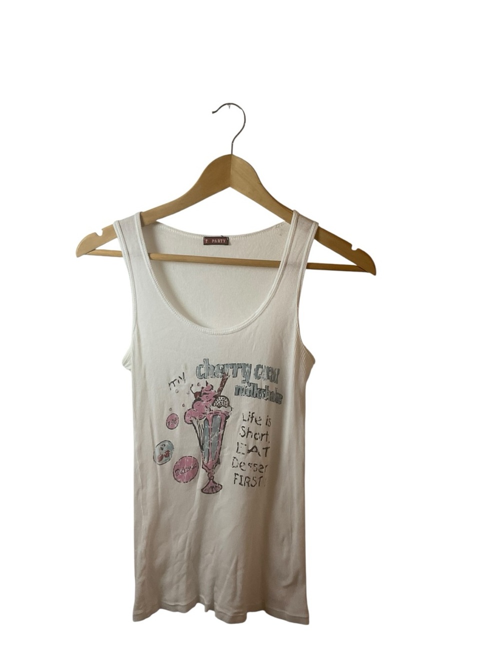T Party Fashion White Ribbed Tank Top with Red Logo Tag